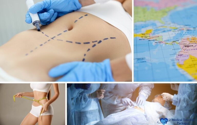 Un collage muestra un abdomen marcado para una abdominoplastia, un mapa de América Latina, una mujer midiéndose la cintura y médicos realizando una operación de abdominoplastia; el logotipo dice "Paquetes de turismo médico".