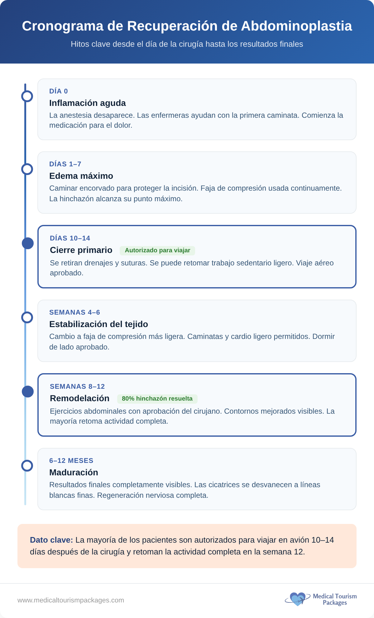 Hitos diarios de la recuperación tras una abdominoplastia, desde la cirugía hasta los resultados finales.