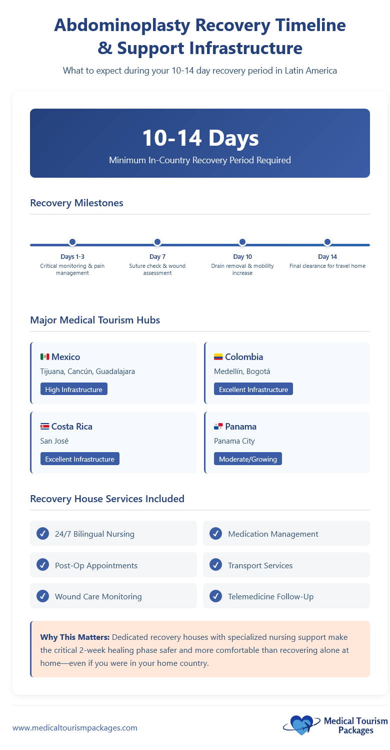 Infographic outlining a 10-14 day abdominoplasty (tummy tuck surgery) recovery timeline, top medical tourism hubs, and recovery house services available in Latin America.