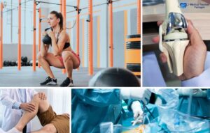 A woman lifts a kettlebell in a gym; other images show a knee implant, a doctor examining a knee, and an acl reconstruction Colombia surgery in progress.