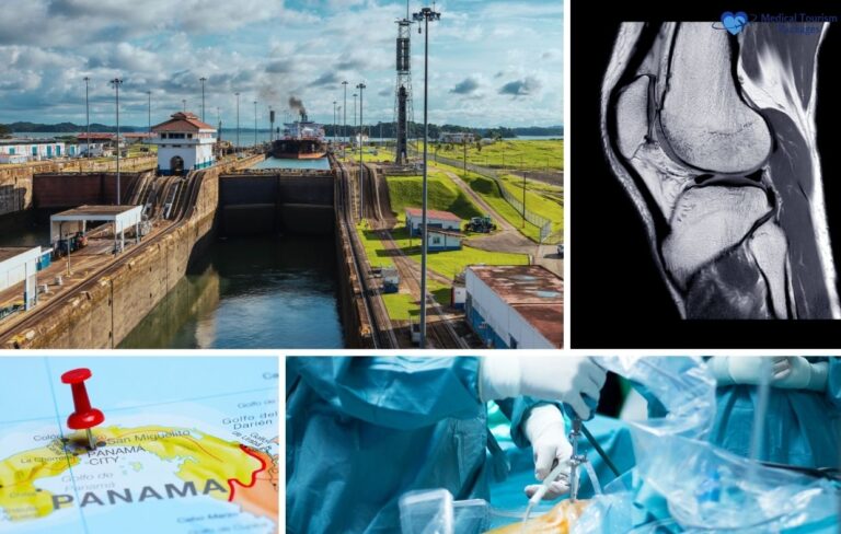 Un collage muestra el Canal de Panamá, una radiografía de rodilla, un mapa con un marcador en Panamá y cirujanos realizando una operación, destacando ACL Surgery Panamá y la experiencia disponible para quienes están considerando someterse a una intervención de LCA en el extranjero.