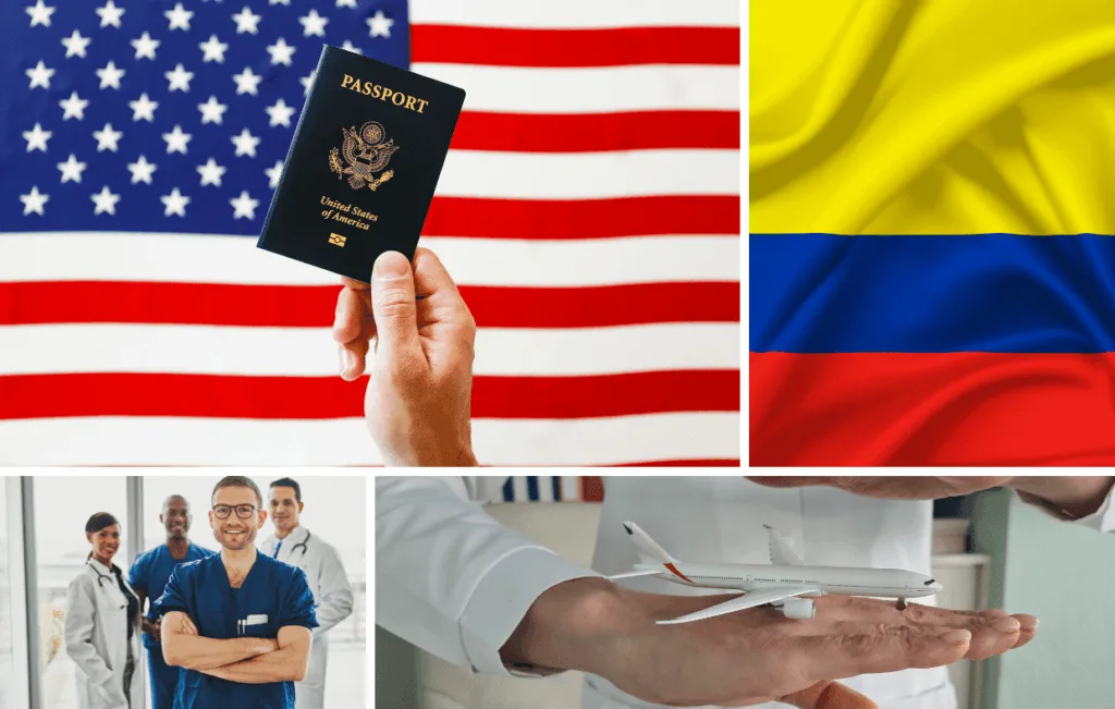 An American passport holder stands before the Colombian and U.S. flags. Below, smiling medical professionals and a person with a model airplane hint at travel or international healthcare, reflecting the journey of American medical tourists as outlined in a comprehensive guide.