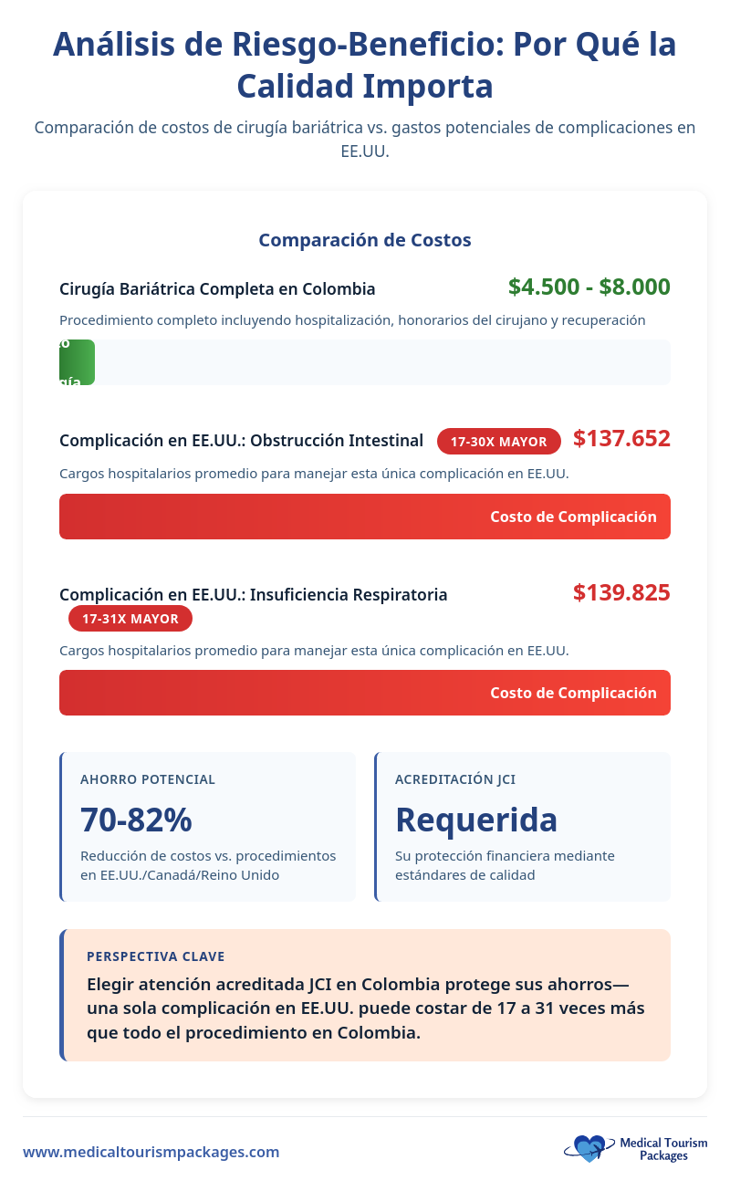 Infografía que compara los costos de la cirugía bariátrica en Colombia ($4,500–$8,000) con los altos costos de las complicaciones en EE. UU.; destaca la acreditación de la JCI, los beneficios del turismo médico y el ahorro potencial de 70–82%.