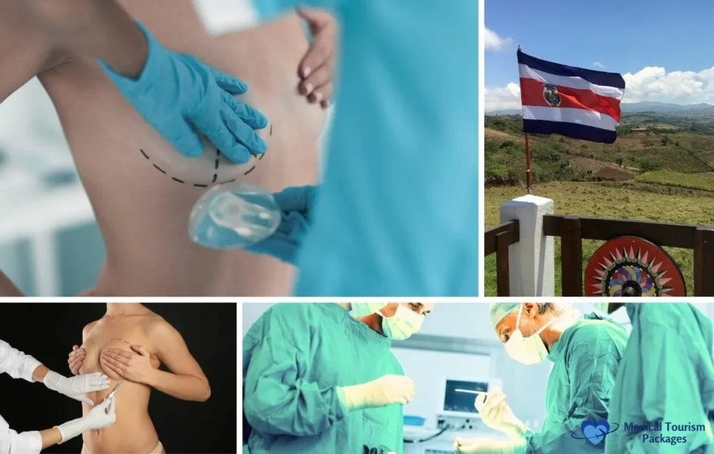 Collage que muestra el aumento de senos en Costa Rica: cirujanos plásticos trabajando, una mujer con marcas quirúrgicas y una bandera de Costa Rica en un mirador.