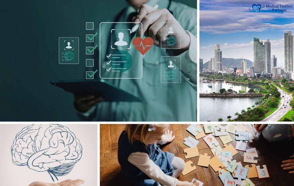 A collage featuring a person using a digital healthcare interface, a city skyline, a brain illustration, and children playing with educational word puzzles highlights the autism screening evaluation process in Panama and services from top clinics.