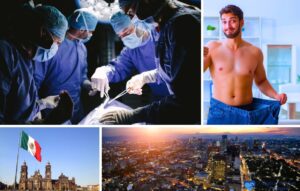 Collage showing surgeons performing bariatric surgery in Mexico, a man in loose pants, Mexico's flag, a cathedral, and a cityscape at sunset—highlighting the appeal for medical tourists seeking affordable costs.