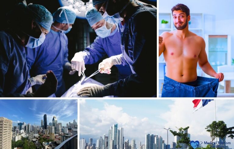 Collage showing surgeons performing an operation, a smiling man in oversized pants, and city skylines with tall buildings under a blue sky—highlighting Bariatric Surgery in Panama and its appeal for medical tourists.