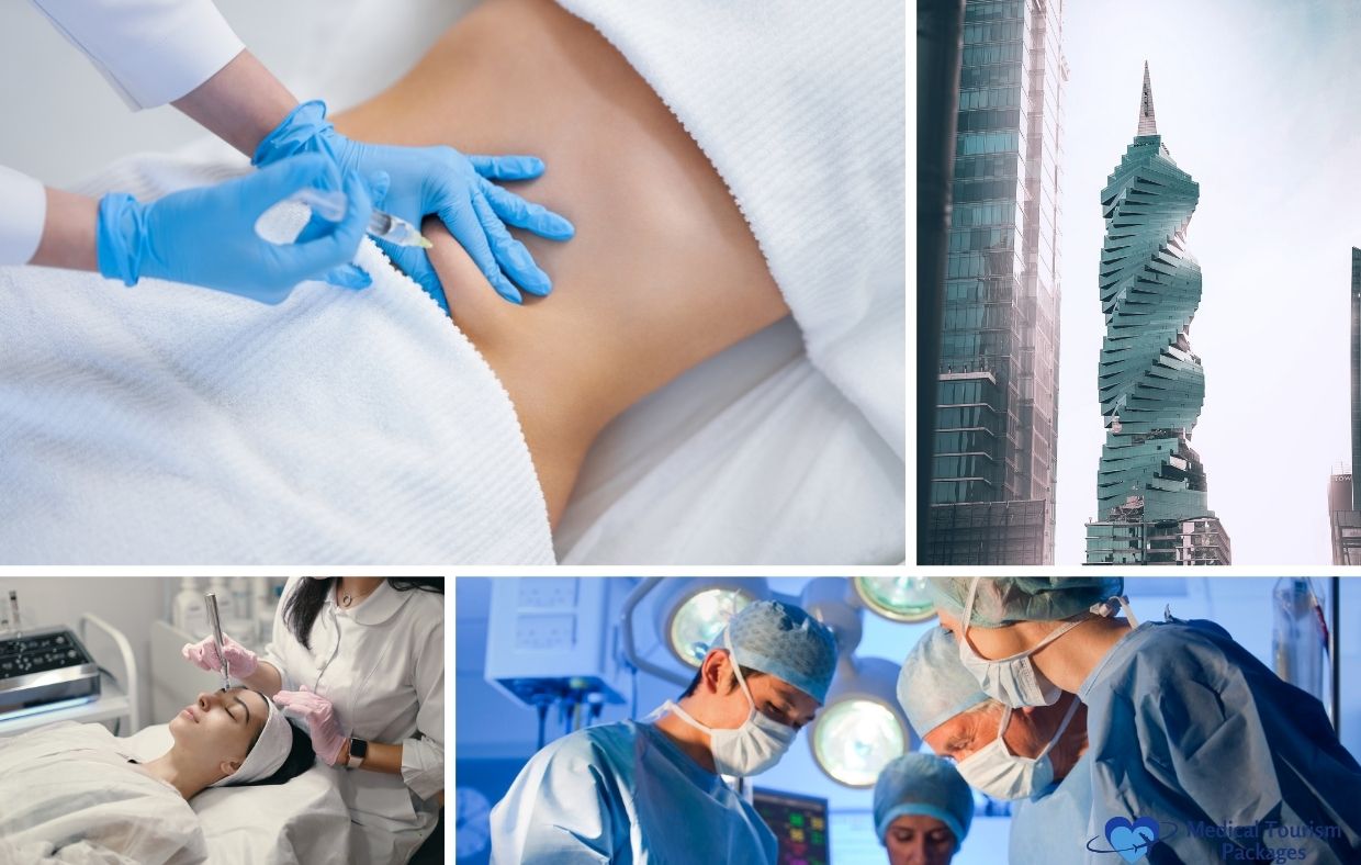 A collage shows cosmetic procedures: an injection in the abdomen, a woman receiving a facial, surgeons in an operating room, and a spiral skyscraper, highlighting the diverse options for those considering a liposuction procedure.