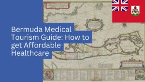 Mapa antiguo de Bermudas con las banderas de Bermudas y del Reino Unido, con el texto superpuesto "Guía de turismo médico en Bermudas: opciones de atención médica asequibles para los residentes de Bermudas».