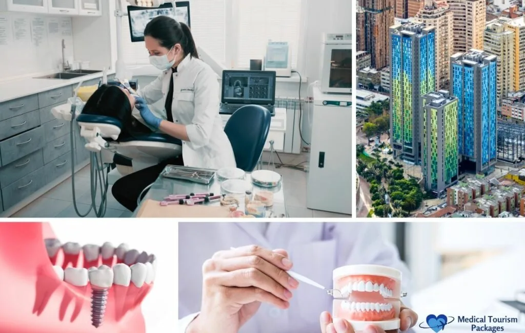 A dentist treats a patient; images also show dental models, a dental implants diagram, city skyscrapers, and a Medical Tourism Packages logo—ideal for those seeking an Affordable Dental Care or exploring Dentists in Colombia.