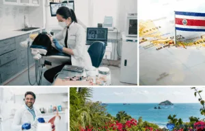 Collage que muestra una clínica dental con un dentista atendiendo a un paciente, un primer plano de un mapa de Costa Rica, un dentista sonriente y un paisaje costero tropical, destacando la calidad de la atención dental prestada por los dentistas en Costa Rica.