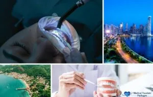 A dental procedure in progress, a dental model demonstration, and two scenic city and coastal landscapes are shown in a collage, highlighting Affordable Dental Care and the expertise of the Best Dentists in Panama.