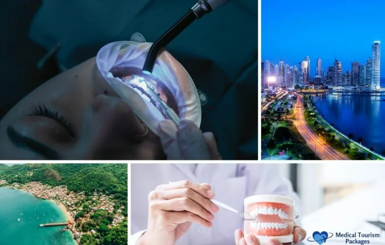 A dental procedure in progress, a dental model demonstration, and two scenic city and coastal landscapes are shown in a collage, highlighting Affordable Dental Care and the expertise of the Best Dentists in Panama.