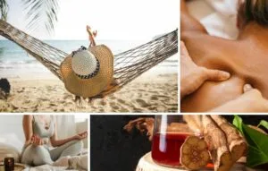 Collage showing a person relaxing in a hammock on the beach, a close-up of a back massage, someone meditating indoors, and a cup of tea with herbs—capturing the essence of mind and body recovery found in Latin America's top wellness retreats.