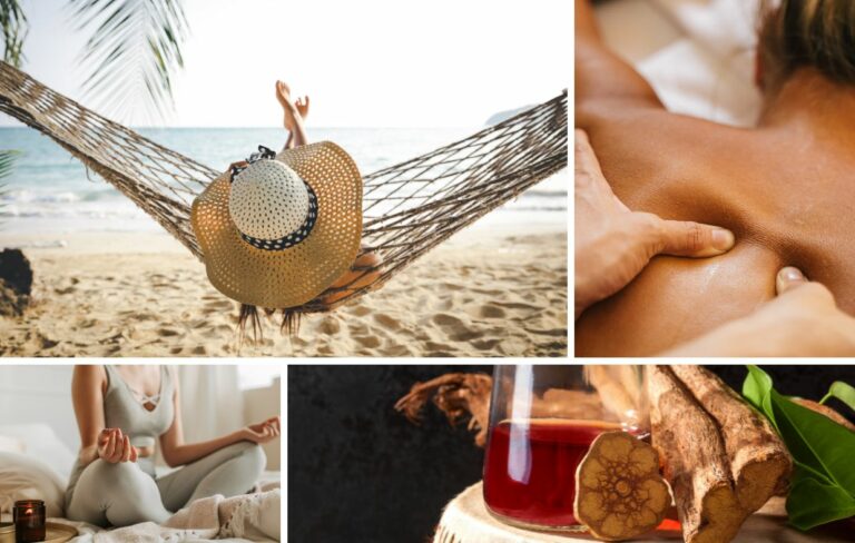 Collage showing a person relaxing in a hammock on the beach, a close-up of a back massage, someone meditating indoors, and a cup of tea with herbs—capturing the essence of mind and body recovery found in Latin America's top wellness retreats.