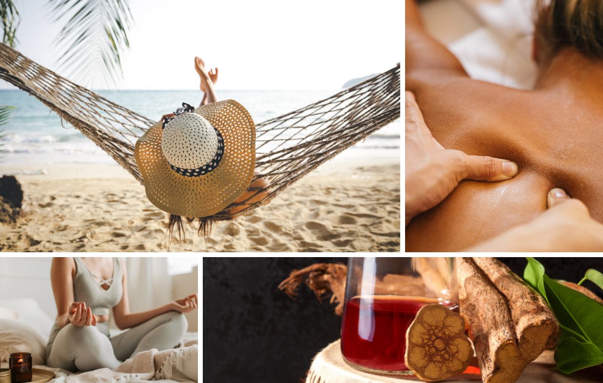 Collage showing a person relaxing in a hammock on the beach, a close-up of a back massage, someone meditating indoors, and a cup of tea with herbs—capturing the essence of mind and body recovery found in Latin America's top wellness retreats.