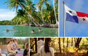 Un collage en el que aparecen personas nadando en aguas tropicales, la bandera de Panamá y grupos meditando al aire libre en entornos naturales, que capta a la perfección la esencia de Yoga Retreats Panama y las experiencias de bienestar de lujo.