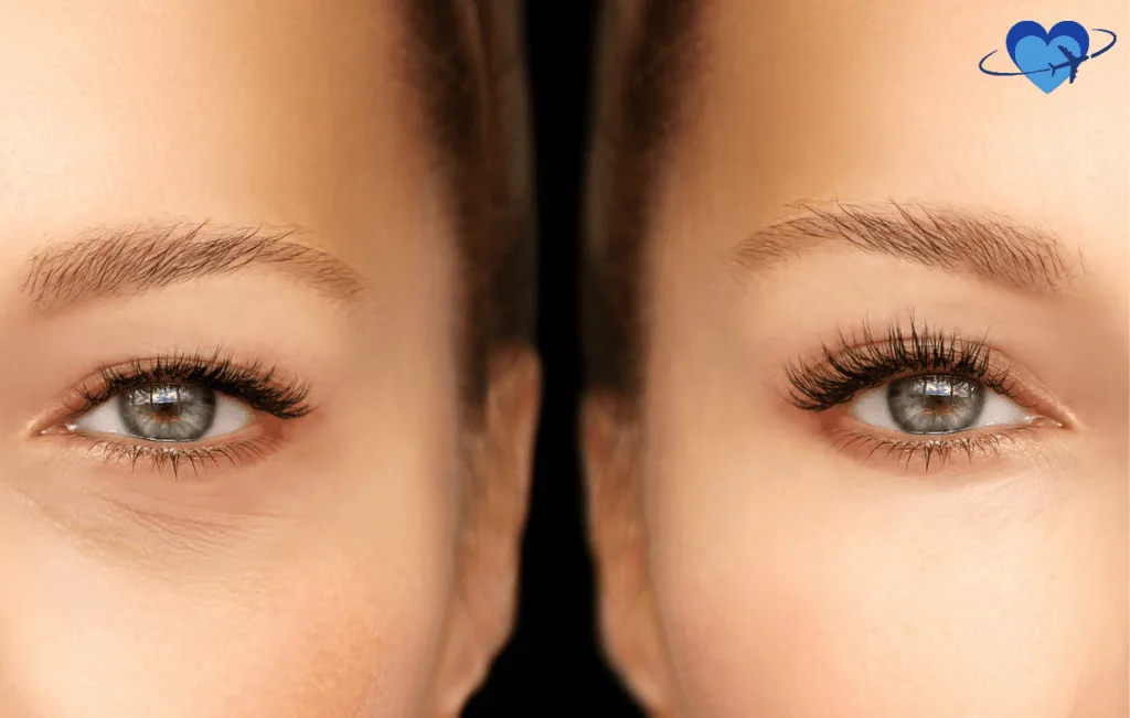 Comparación lado a lado de ojos azules brillantes con pestañas largas que muestran los efectos anteriores y posteriores de la blefaroplastia; el ojo izquierdo muestra una ligera flacidez debajo de los ojos, mientras que el derecho aparece levantado y rejuvenecido con un pliegue definido del párpado superior y una reducción de las bolsas.