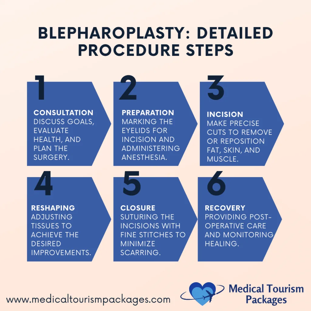 Infografía que muestra seis pasos hexagonales azules del procedimiento de blefaroplastia sobre fondo rosa claro, numerados del 1 al 6: consulta, preparación, incisión, remodelación, cierre y recuperación, con descripciones detalladas en texto blanco y el logotipo de Medical Tourism Packages.