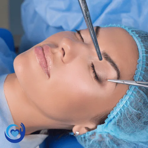 Close-up of eye surgery procedure showing surgical instruments near patient's eye during blepharoplasty in Latin American clinic