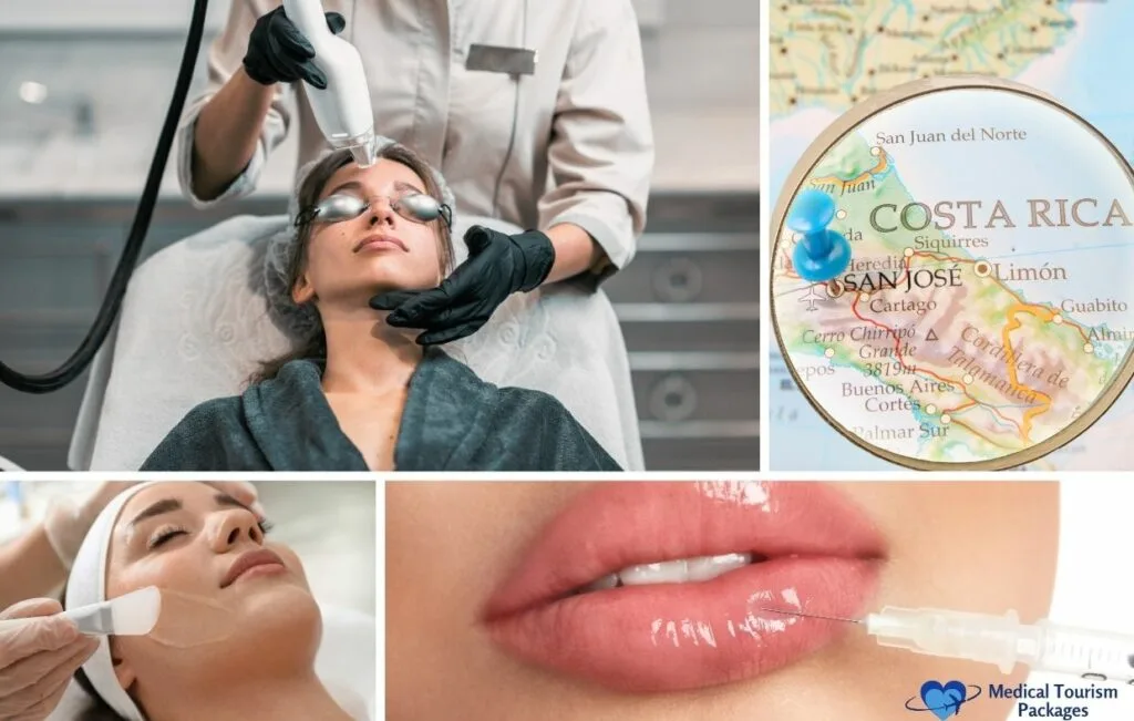 Un collage muestra procedimientos cosméticos faciales, un primer plano de una inyección labial, un mapa de Costa Rica y el logotipo de "Medical Tourism Packages", que destaca las clínicas de Botox más populares y los precios asequibles del Botox en Costa Rica.