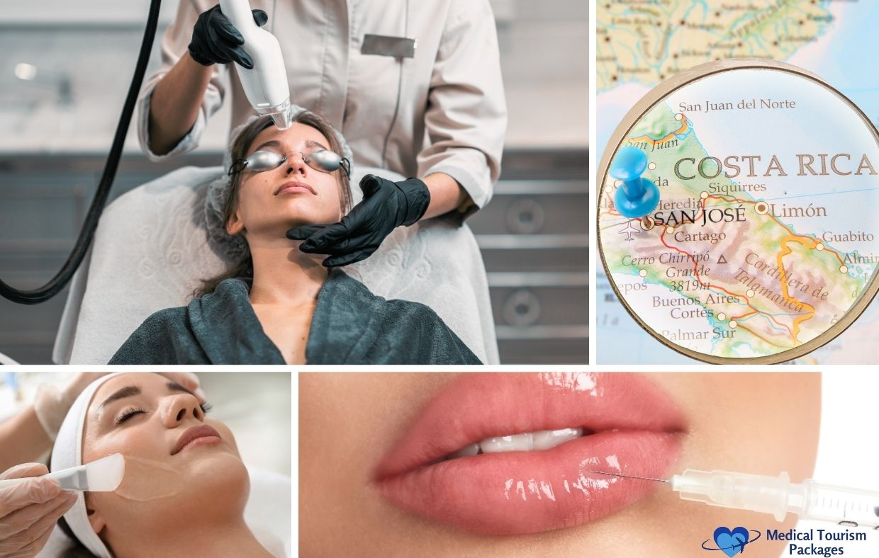 A collage shows facial cosmetic procedures, a close-up of lip injection, a map of Costa Rica, and a "Medical Tourism Packages" logo—highlighting popular Botox clinics and affordable Botox costs in Costa Rica.