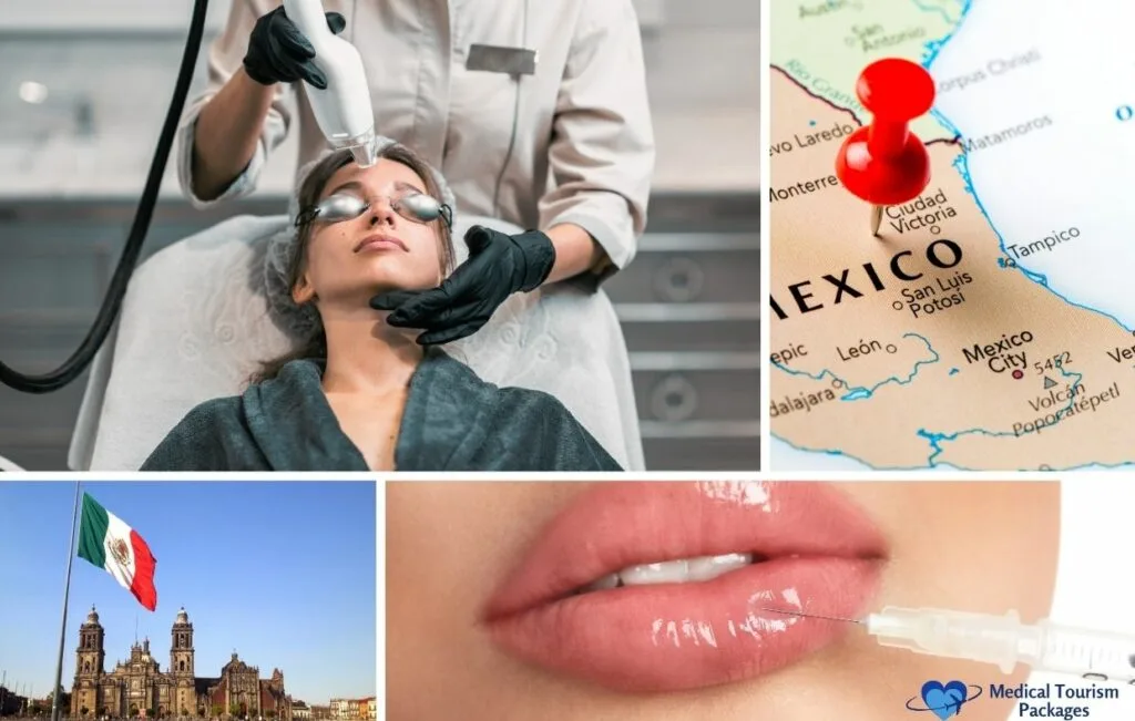A collage showing a cosmetic procedure, a close-up of lips with a syringe, a map of Mexico, and the Mexican flag near a historic building highlights Botox clinics and Botox in Mexico.
