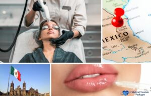 A collage showing a cosmetic procedure, a close-up of lips with a syringe, a map of Mexico, and the Mexican flag near a historic building highlights Botox clinics and Botox in Mexico.