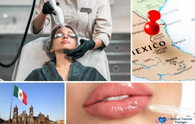 A collage showing a cosmetic procedure, a close-up of lips with a syringe, a map of Mexico, and the Mexican flag near a historic building highlights Botox clinics and Botox in Mexico.