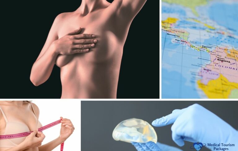Collage showing a topless woman covering her chest, a map with Colombia highlighted in Latin America, a woman measuring her bust, and a gloved hand holding a breast implant—illustrating Breast Augmentation and related costs.