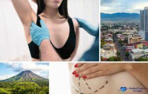 A collage showing the costs and benefits of breast reduction surgery in Costa Rica: a cosmetic procedure, a woman with gloved hands examining her underarm, a marked body area, cityscape, volcano, and a medical tourism company logo.