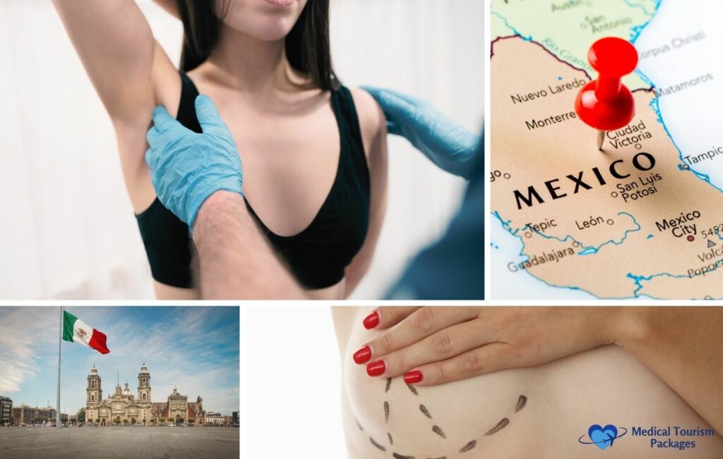A person receives a cosmetic procedure, a map of Mexico with a red pin, Mexico's flag in a city square, and markings on skin for surgery.