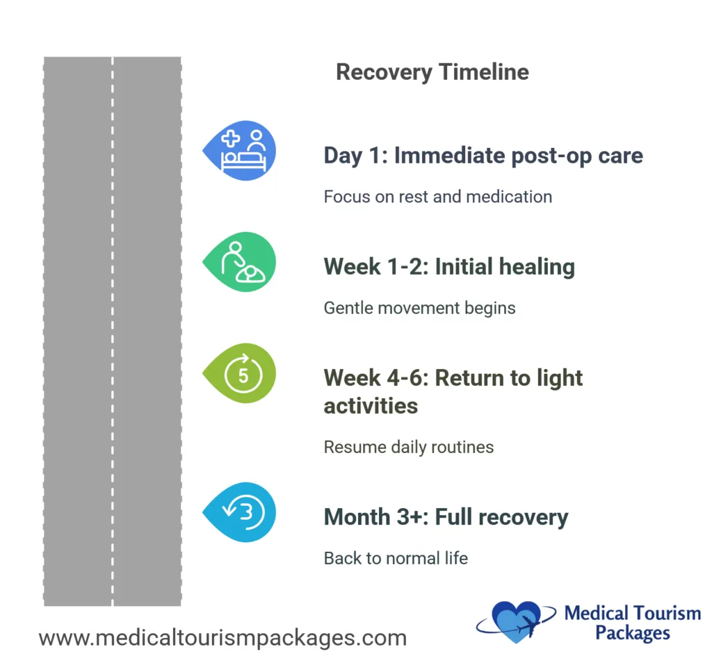 Vertical timeline infographic displaying four recovery stages after breast reduction surgery, from Day 1 to Month 3+, using blue, green, and turquoise icons alongside a gray road-like path, with detailed descriptions for each recovery milestone.
