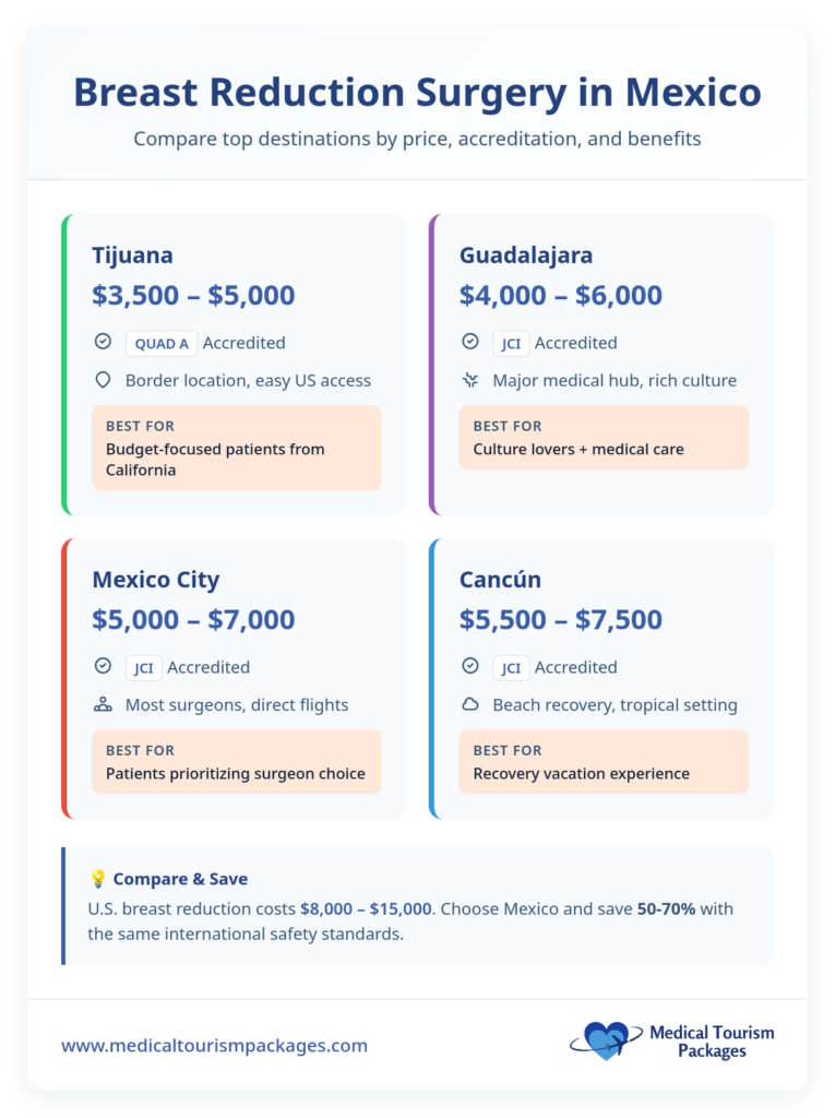 Bar chart compares hip replacement surgery costs: Panama averages $32,316, offering a 72% cost reduction compared to the higher costs in the United States.
