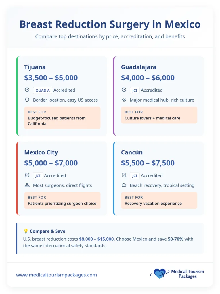 Bar chart compares hip replacement surgery costs: Panama averages $32,316, offering a 72% cost reduction compared to the higher costs in the United States.