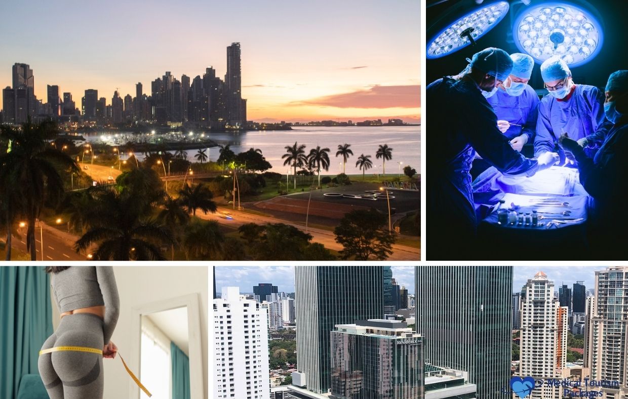 Un vibrante collage muestra el horizonte de una ciudad al atardecer en Panamá, cirujanos realizando meticulosamente una gluteoplastia, una persona midiéndose la cintura y edificios imponentes en un bullicioso paisaje urbano.