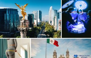Collage que muestra lugares emblemáticos de la Ciudad de México, cirujanos en un quirófano, una persona midiendo su cintura y la bandera mexicana sobre un edificio histórico, destacando las opciones de gluteoplastia y aumento de glúteos en México.