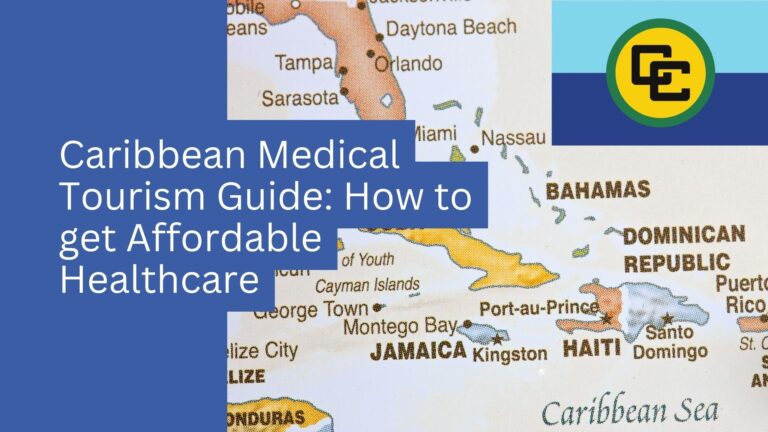 A map of the Caribbean with highlighted text reading "Caribbean Medical Tourism Guide: How to get Affordable Healthcare," featuring a green and yellow CC logo in the top right—perfect for learning about affordable healthcare in Colombia and Panama.