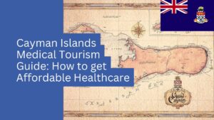 Un mapa antiguo de las Islas Caimán, con su bandera en la esquina superior derecha y un título que hace referencia al turismo médico y la atención médica asequible.