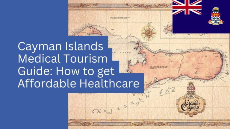 A vintage map of the Cayman Islands, featuring their flag in the top right corner with a guide title on medical tourism and affordable healthcare.