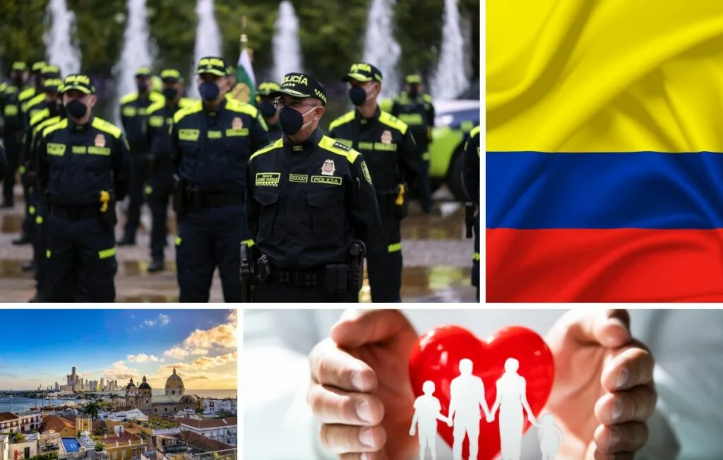 Collage en el que aparecen agentes de policía colombianos, la bandera de Colombia, un paisaje urbano y unas manos que sostienen un corazón rojo con el símbolo de la familia, destacando la seguridad de Colombia 2025.