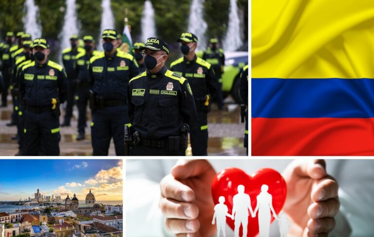 A collage featuring Colombian police officers, the Colombian flag, a cityscape, and hands holding a red heart with a family symbol, highlighting Colombia safety 2025.