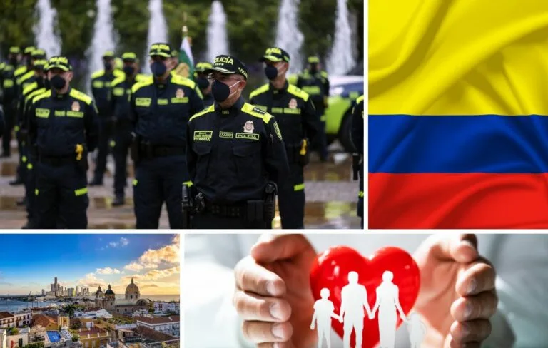 A collage featuring Colombian police officers, the Colombian flag, a cityscape, and hands holding a red heart with a family symbol, highlighting Colombia safety 2025.