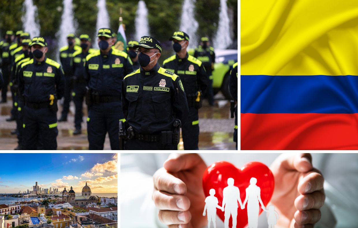 A collage featuring Colombian police officers, the Colombian flag, a cityscape, and hands holding a red heart with a family symbol, highlighting Colombia safety 2025.