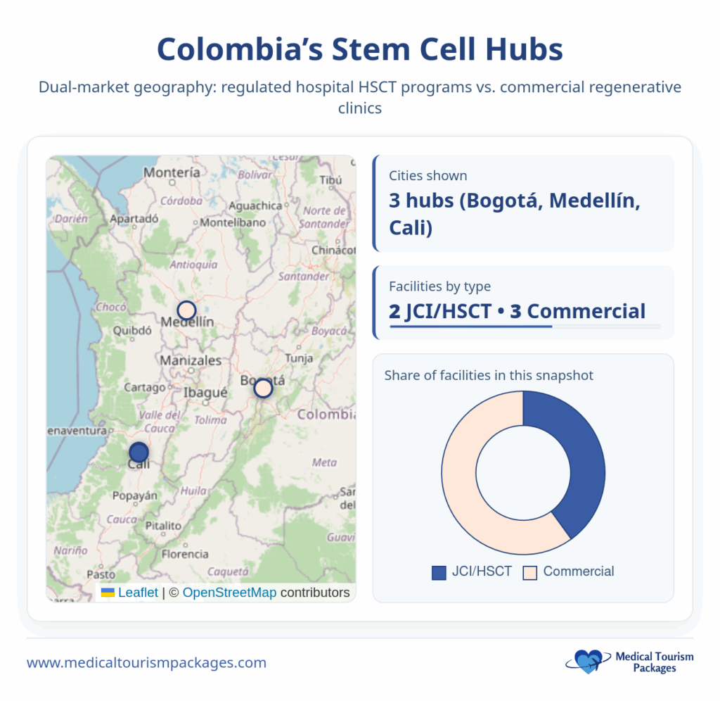 Map of Colombia highlighting three stem cell transplants hubs—Bogotá, Medellín, and Cali—with a pie chart comparing JCI/HSCT programs to commercial clinics and illustrating the treatment process.