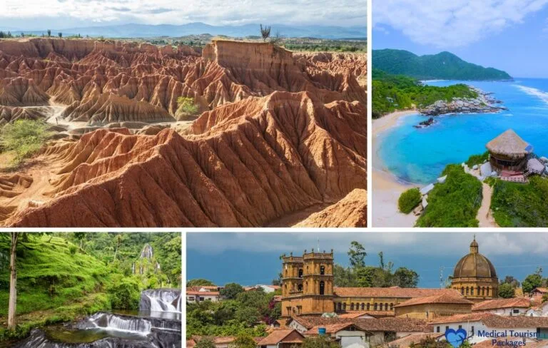 Colombia's diverse landscapes: Tatacoa Desert's red canyons, Tayrona's pristine beaches, Coffee Region waterfalls, and colonial architecture in one stunning country.