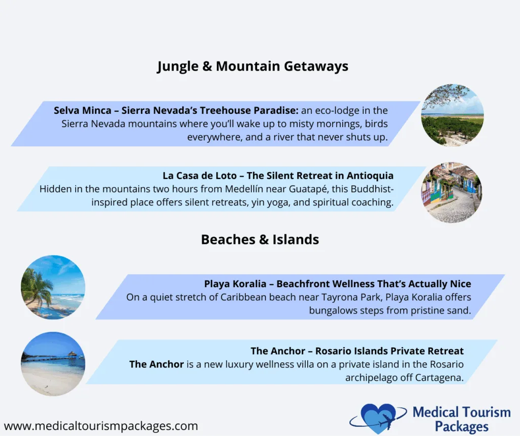 Informational graphic showcasing 2025 Colombia wellness retreats, divided into Jungle & Mountain Getaways and Beaches & Islands, with brief descriptions of each luxury retreat option.