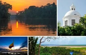 A collage shows a river at sunset, a white domed building, the Colombian flag at sunset, and a green landscape with water under a blue sky—perfect inspiration for luxury retreats Colombia and wellness travel 2025.
