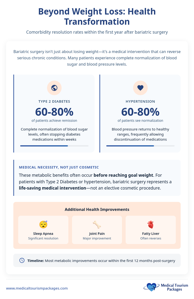 Infographic detailing comorbidity resolution rates after Bariatric Surgery in Panama, highlighting improvements in type 2 diabetes, hypertension, and additional health benefits for medical tourists.