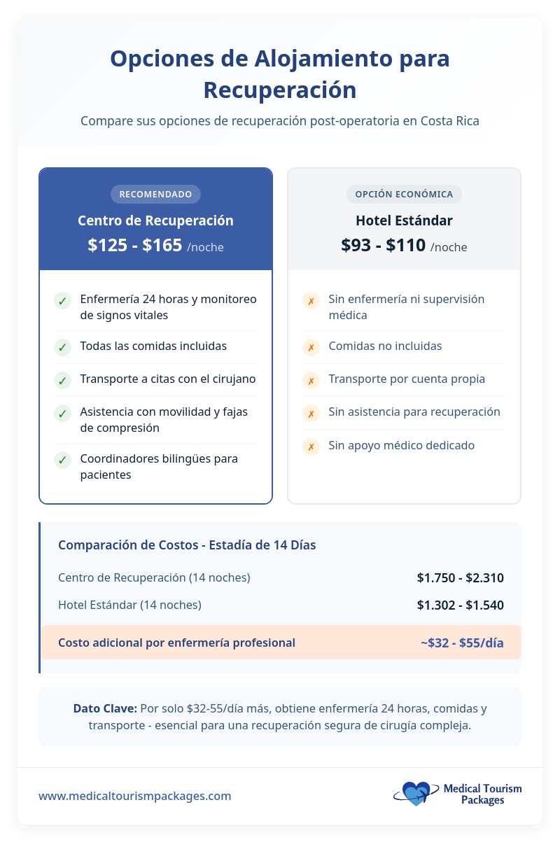 Infografía que compara los centros de recuperación y los hoteles estándar en Costa Rica para estancias posquirúrgicas, destacando los servicios clave para los turistas médicos, los precios y un desglose de los costos de 14 días después de una cirugía plástica.